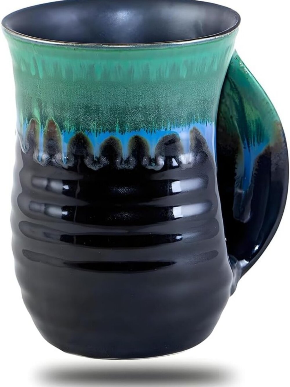 Forest Green Ceramic Hand Warmer Mug, 16 Oz Reactive Glaze, Cozy Drinkware